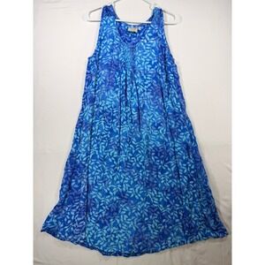 Batik Bali Midi Dress Womens Medium Blue Purple Leaf Print Sleeveless Excellent